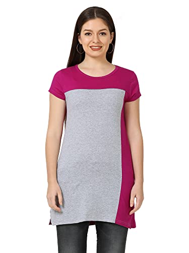 Image of FLEXIMAA Women's Cotton Round Neck Color Block Half Sleeve Long Top