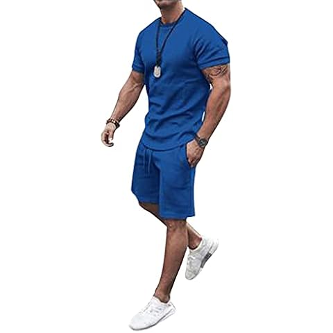 YawYews Men's Summer Athletic Suit Outfits-2 Piece Tracksuit Casual Solid Color Short Sleeve T-Shirt and Shorts Set Cover