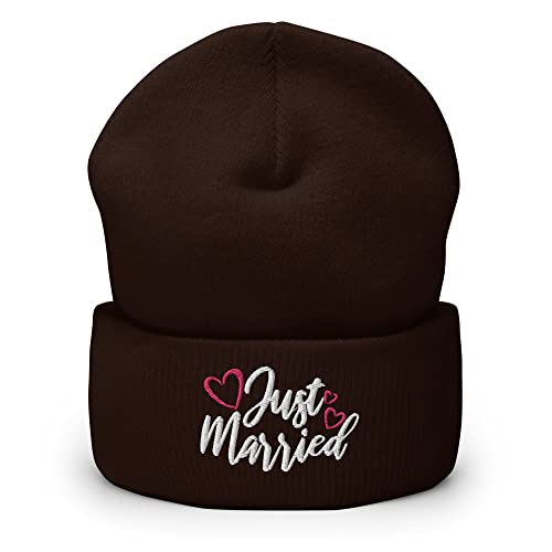 Just Married Embroidered Beanie Hat, Bride Groom Marriage Wedding Beanie Gift Brown