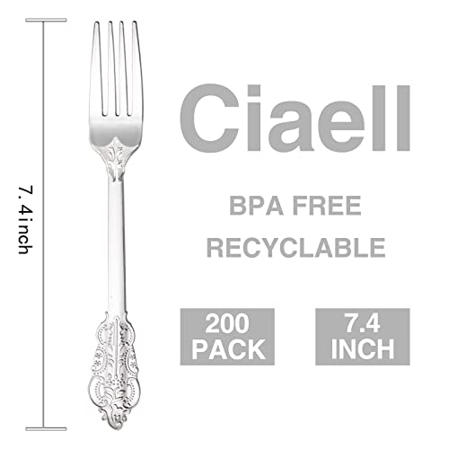 Ciaell 200 Pieces Silver Plastic Forks - Silver Disposable Forks - 7.4Inch Heavy Duty Plastic Forks - Heavyweight Silver Dessert Forks Perfect For Parties Weddings Birthdays #TOP1