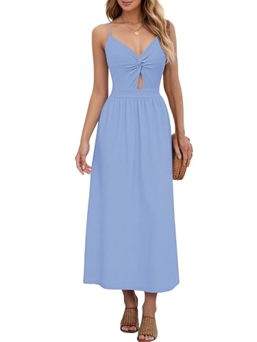 AUSELILY Sommerkleid Damen Lang Maxikleider Elegant V-Ausschnitt Ärmellos Kleider Festlich Hochzeit Strandkleid mit Taschen Blau L