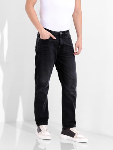 Image of The Indian Garage Co Men Slim Straight Fit Solid Mid-Rise Stretchable Jeans