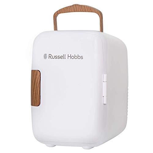 Russell Hobbs RH4CLR1001SCW 4L/6 Can Mini Portable Cooler & Warmer for Drinks Cosmetics/Makeup/Skincare AC/DC Power Scandi Style White & Wood Effect For Bedroom Home Caravan Car