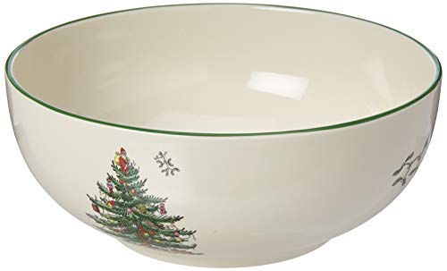 Spode Christmas Tree Round Serving Bowl - 8-Inch Ceramic Bowl for Pasta, Salad, Soup, and Side Dishes - Elegant Porcelain Design, Stackable, Dishwasher & Microwave Safe - Ideal for Holiday Gatherings