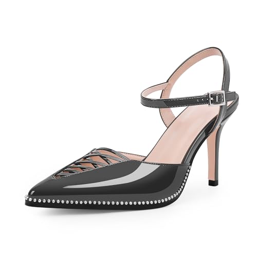 Women's Stilettos High Heel Ankle Strap Pumps Hollow Out Pointed Toe Bead Dress Shoes