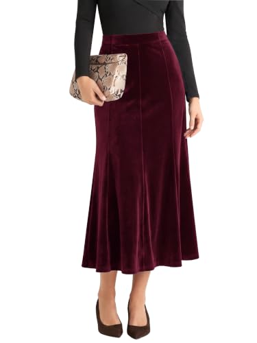 Urban CoCo Women's Velvet A-Line Midi Skirt High-Waisted Stretch
