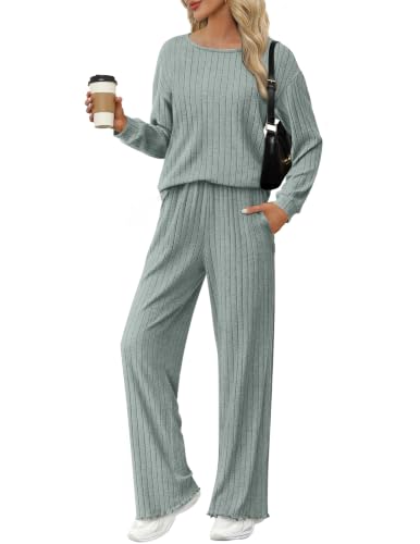 Ekouaer Lounge Sets for Women Ribbed Knit Long Sleeve 2 Piece Pajama Sets - image 1
