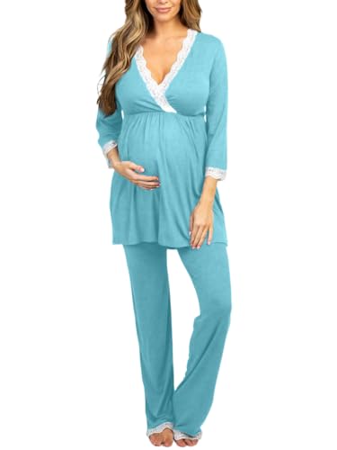 Image of KAMONG Womens Maternity Pregnancy Nursing Pajama Sets Sleepwear Long Sleeve for Delivery Breastfeeding in Hospital Sky Blue