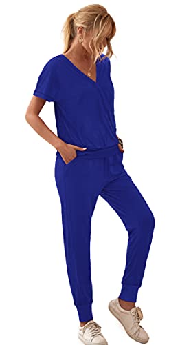 Lounge Sets For Women,V Neck Short Sleeve Two Piece Outfits For Women Summer Tracksuit Sets,Royal,M #TOP1