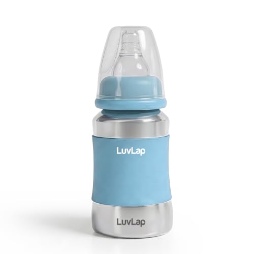 Image of LuvLap Baby Steel Feeding Bottle 140ml, Made of SS304 Rust Free Steel, Baby Milk /Water Bottle with Dust Cover, Heat Protective Silicone Cover, BPA Free, Odour Free, Leak Proof, Sky Blue, 0M+