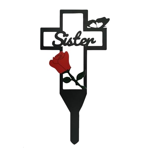 Hohota Memorial Cross Garden Stake Weather-Resistant Metal Yard Decor With Cardinal Bird, Rose & Family Lettering Sympathy Grave