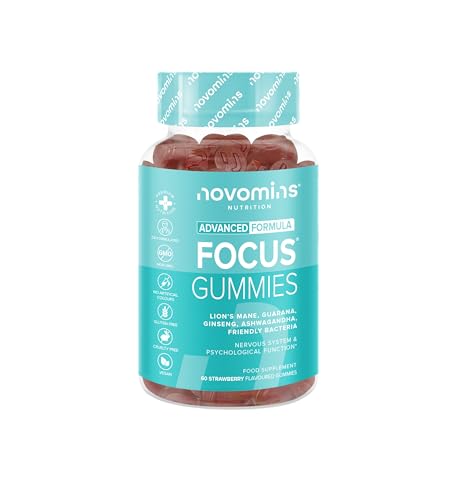 Gominolas para la Concentración - 60 Gominolas - Ashwagandha, Melena de Leon, Vitamina B12, Ginkgo Biloba, Ginseng, L Teanina - Apoyo para la Concentración, la Memoria y la Energía - Novomins