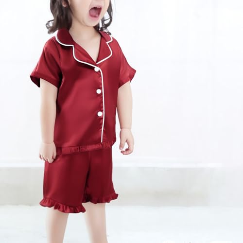 Kids Short Sleeve Satin 𝐏a𝐣ama Set for Toddler Girls Button Down Shirts Ruffled Hem Shorts 𝗦ilk 𝐏ajamas Sl𝐞epwear3