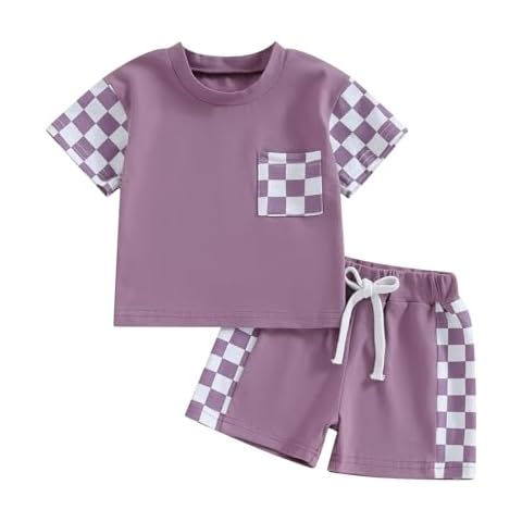 Thorn Tree Toddler Baby Girls Summer Clothes Short Sleeve Pull On T-shirt & Drawstring Shorts Plaid 2Pcs Outfits Set (Purple,18-24 Months) Cover