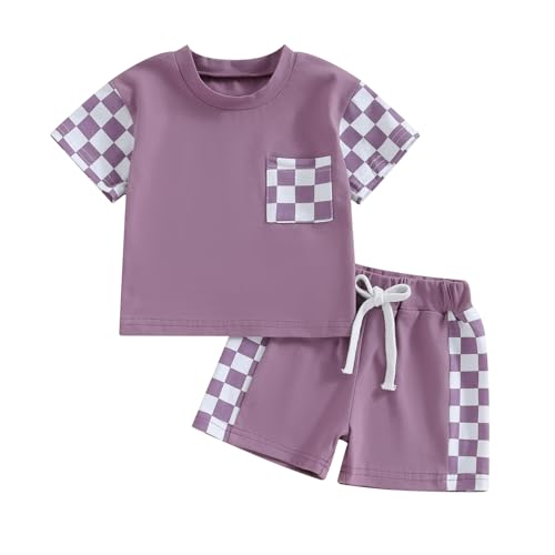 Image of FOCUSNORM Toddler Baby Girl Outfit Newborn Girl Summer Clothes Short Sleeve T Shirt Checkerboard Top Set Elastic Waist Shorts