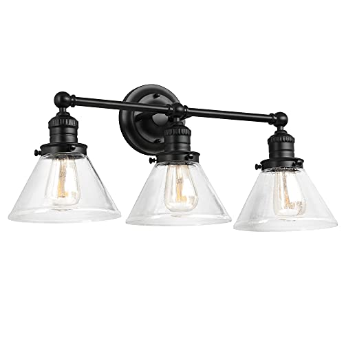 Image of Design House Augustin Vanity Light, 3-Light, Seeded Glass Warm Glow, Dimmable, Up /Down Glow, Easy Installation, E26 Socket, Black, 25.9 in L x 8.3 in D x 11.1 in H, 589036-BLK