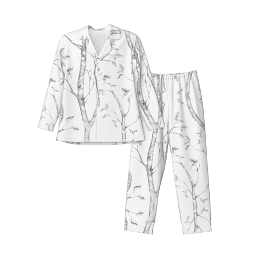 Ensemble pyjama homme imprimé oiseaux gris boutonné en maille douce à manches longues pour la nuit