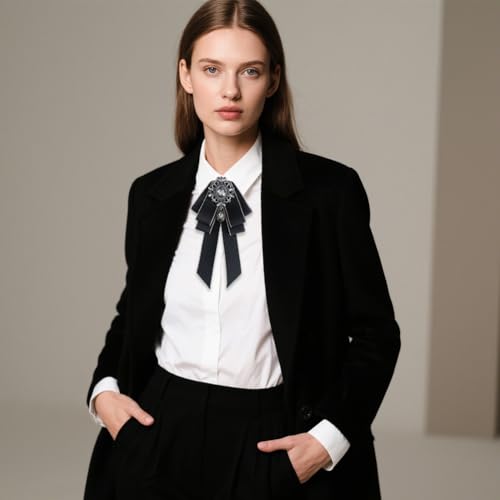 Image of Rhinestone Retro British Style Pre-tied Adjustable Fabric Ribbon Bow Tie for Women Men Uniform Necktie Bownot