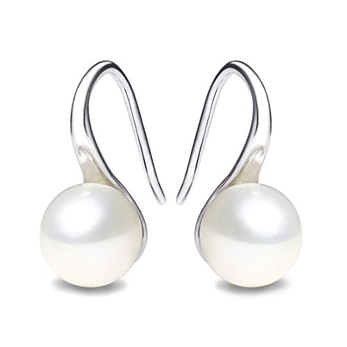 Freshwater Cultured Pearl Earrings, Handpicked AAA+ Quality White Pearl Dangle and Drop Earring for Women S925 Sterling Silver Hoop Earrings with Gift Box