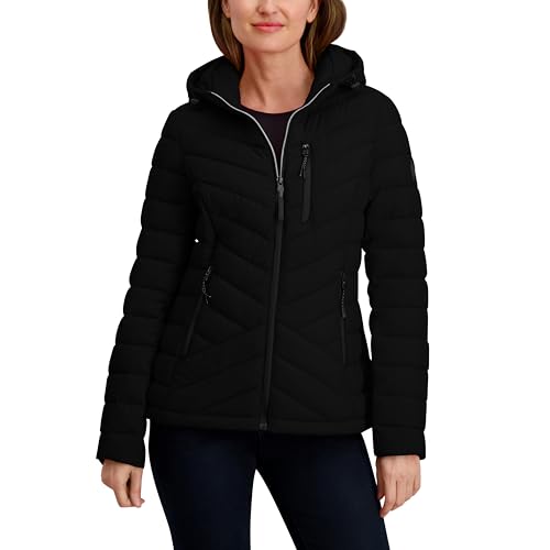 Nautica Women's Stretch Packable Puffer Jacket – Water-Resistant Midweight Coat Attached Hood, Black, Large