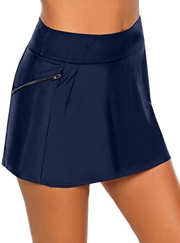 Vetinee Women's Zip Pockets High Waist Bikini Tankini Bottom Swim Skirt Swimsuit Navy Blue Size Large (Fits US 12-14)