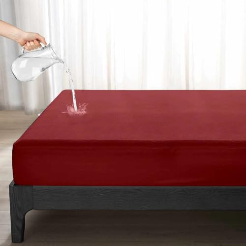 Image of The Sleep Protector Cotton Waterproof Mattress Protector-Breathable, Ultra-Soft, Allergy-Proof, Noiseless, Elastic Fitted, Machine Washable Bed Cover-Maroon King 78 x 72