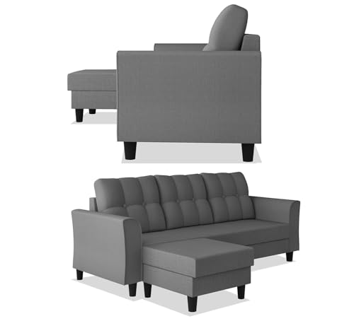 Image of Adorn India Maddox Tufted L Shape 4 Seater Wood Sofa Set (Grey) (3 Year Warranty)