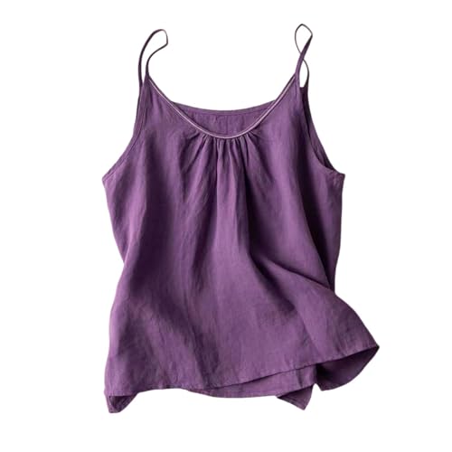 Camiseta a rayas nuevos tirantes de verano para mujer, de lino puro, color liso en el exterior, para llevar un chaleco de tirantes delgado y suelto en vestido literario y de baño para mujer, morado
