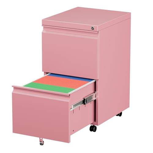 METAN 2 Drawer File Cabinet with Lock, Mobile Under Desk Filing Cabinet for Office Legal/Letter Size, Fully Assembled Except Wheels,Pink