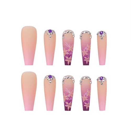 Yosomk Rhinestones Press On Nails Long With Designs Flower Purple Gradient False Fake Nails Acrylic Nails Press On Artificial Nails For Women Stick On Nails With Glue On Nails #TOP5