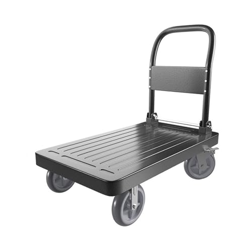 Carretilla de mano plegable versátil con ruedas de freno de goma de 5 pulgadas, vehículo de transporte de plataforma compacta para uso en almacén, carrito utilitario resistente, fácil de almacenar