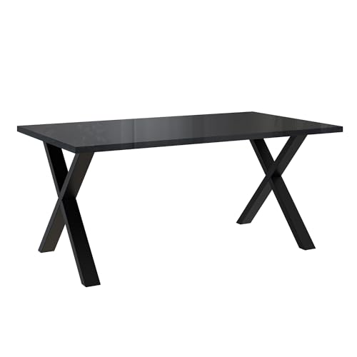 MEBLINI Esstisch Schwarz Hochglanz Modern - Küchentisch Schwarz - Esszimmertisch Gross - Tischplatte 160x90 - Brooklyn - X-Beine - Schwarz Hochglanz/Schwarz Matt