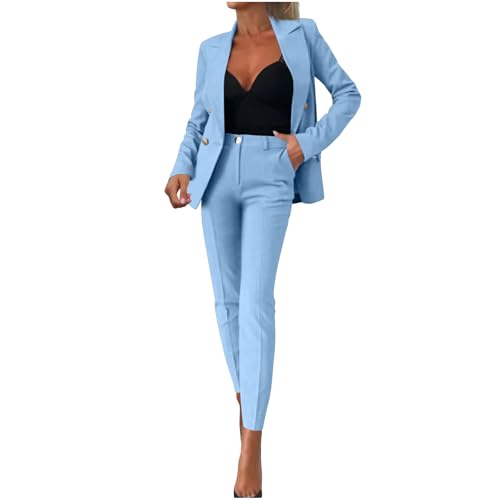 Image of NSICBMNO Gray Two Piece Outfit Women Casual Trousers Suits Smart Work Outfit Co Ord Sets Open Front Blazer Hig Waisted Tailored Trousers Ladies Wedding Guest Outfits Lounge Sets With Pockets