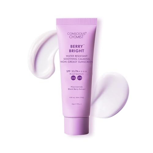 Conscious Chemist® Sunscreen SPF 50 PA++++ | 20g | For Oily Skin, Gel Sunscreen, Niacinamide Sunscreen with Black Berry Extract, Hybrid Lightweight, Water Resistant, All Skin Types - Berry Bright