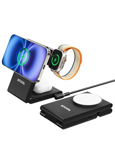 Intoval 3-in-1 Magnetic Charging Station, Travel Foldable Charging Dock for Magsafe iPhone 16 to 12(Plus/Pro/Pro Max), Apple Watch and AirPods, Desk and Bedside Trio Magnetic Stand (M5,Black)