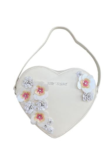 Betsey Johnson Luv Betsey XO HEART Crystal Jeweled White Multi Colored 3D Flowers Garden Party, Wedding, Ivory Vanilla Faux Leather Small Top Handle Adjustable Detachable Web Strap Crossbody