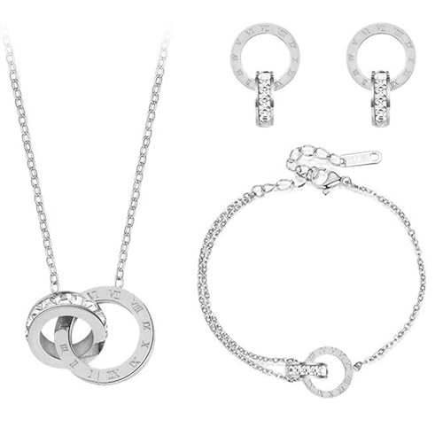 Hanaoops Conjuntos de Joyas para Mujer y Niñas Números Romanos Circón Acero Inoxidable Chapado en Oro Plata Colgante Collar Pendientes Pulsera Juego de Joyas
