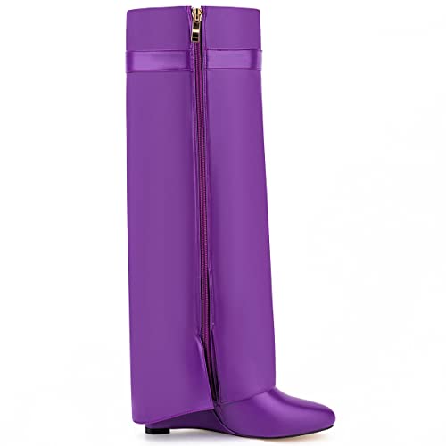 Image of Fold Over Knee High Boots for Women Pointy Pull-on Wedge Heel Knee Shark Boot With Side Zipper Covered Wedge Heel Padlock Boot