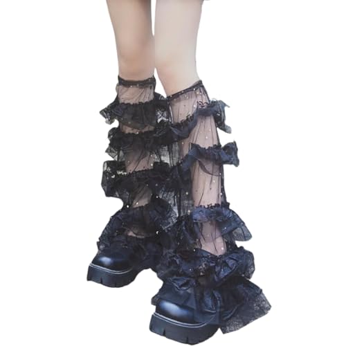 Women Tiered Ruffle Lace Leg Warmer Sweet Thigh Highs Leg Socks Baggy Cuffs Ankle Heap Socks Meshes Flared Leg Sleeves