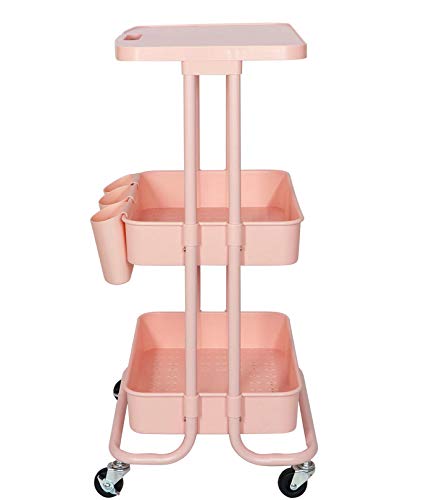 3 Tier Rolling Cart Tabletop Cart With Hanging Cups And Hooks Utility Kitchen Storage Cart For Office Home,Bedroom,Bathroom, Pink #TOP1