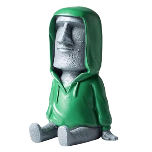 Famimueno スマホ スタンド モアイ ホルダー 卓上 おもしろ かわいい スマートフォン 携帯 電話 (灰色モアイ/緑パーカー)のサムネイル