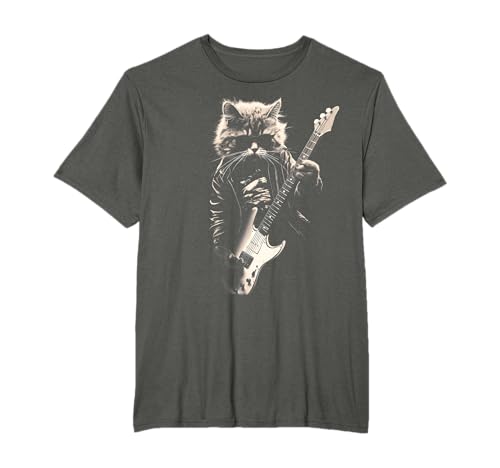 Rock Cat tocando guitarra - T-shirt de gato divertido de guitarra, Preto, S