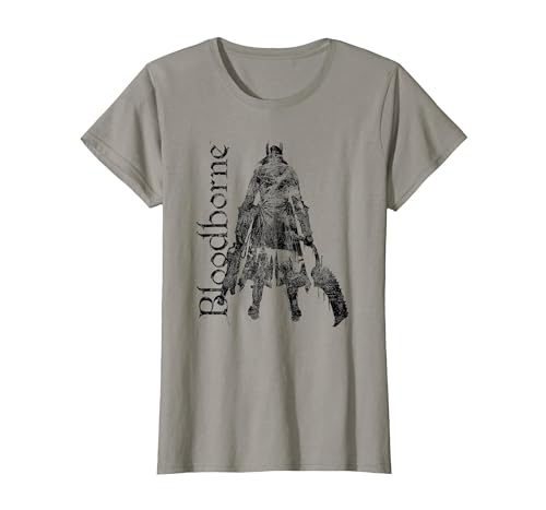Bloodborne Hunter Silhouette with Logo Dark Video Game T-Shirt, Women, Slate Grey, Small