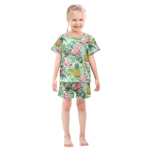 ALAZA Pineapple Palm Leaf Flamingo Pajamas Short Sleeve 2 Piece Sleepwear Top and Bottom Pajama Set Unisex3