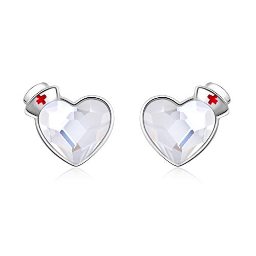 AOBOCO Nurse Earrings Stud Sterling Silver Heart Earrings,Angel in White  with Swarovski Crystal, Jewelry Gift for Nurse Doctor Mom Girlfriend, Gift Halloween Valentins Day Mothers Day