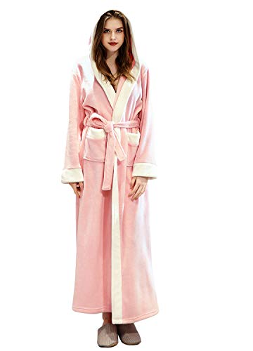 Long Hooded Bathrobe for Womens Flannel Fleece Robes Winter Warm Housecoat Nightgown Sleepwear Pajamas