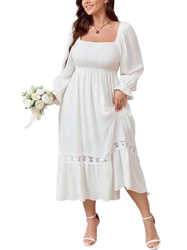 SCOMCHIC Women's Plus Size Wedding Guest Formal Dresses Fall Long Sleeve Square Neck Smocked Flowy Lace Trim Maxi Dress White