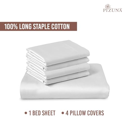 Image of Pizuna 100% Cotton Bedsheet Super King Size White, 400 Thread Count Long Staple Combed Cotton Flat Bedsheets 108x108 Inches with 4 Pillow Covers, Bed Sheet for Super King Size Bed