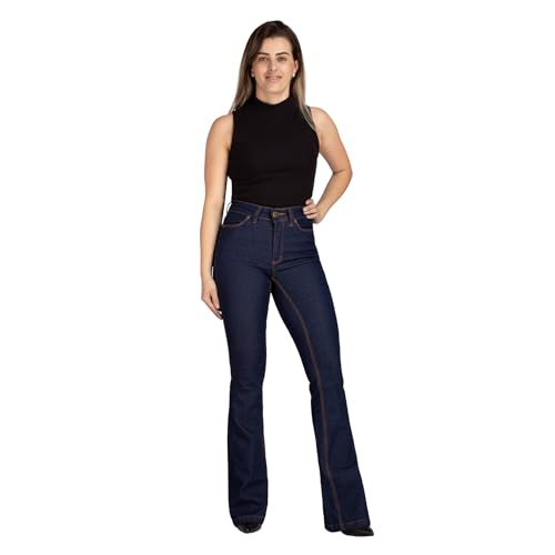 Calça Jeans Feminina Flare Hot Pants Cintura Alta Country Levanta Empina Bumbum Pantalona Boca Larga Estilosa e Confortável (34, Amaciado)