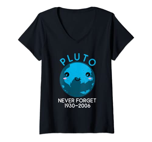 Damen Niedlicher Pluto Never Forget 1930-2006 Kawaii Science Geek Nerd T-Shirt mit V-Ausschnitt